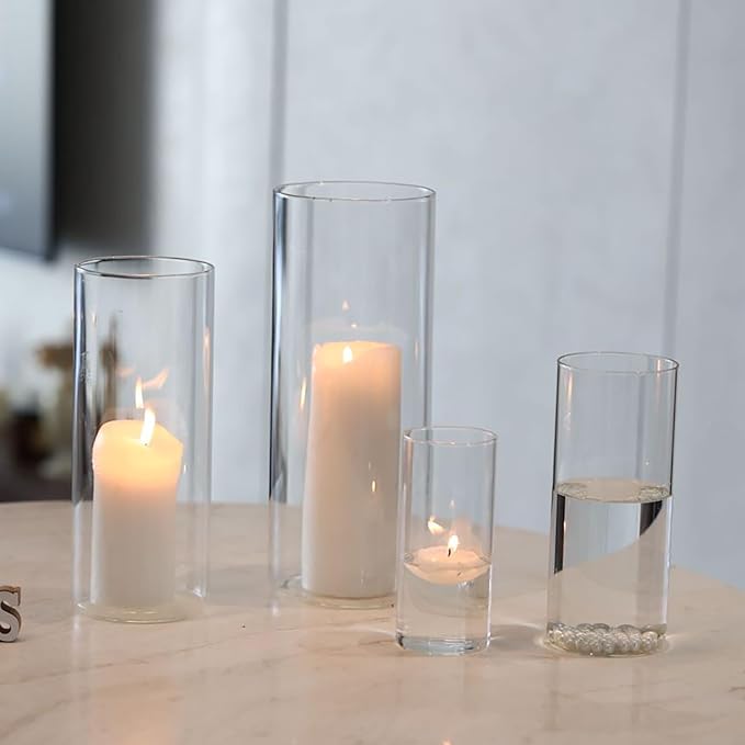 PHOSPHOR 4 PCS Glass Candle Holder, Hurricane Candle Hoder, Glass Pillar Candle Holder, Clear Cylinder Candleholder Cylinder Vase for Centerpieces Wedding Party Decoration