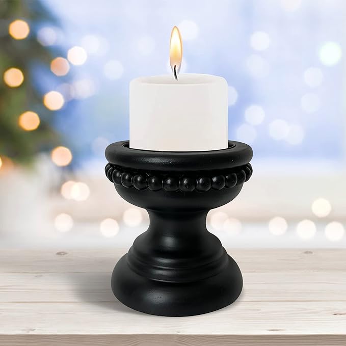 Farmhouse Rustic Wood Pillar Candle Holder, Decorative Beaded Candlestick Holder Stand for Home Décor, Gifts, Wedding (Black)