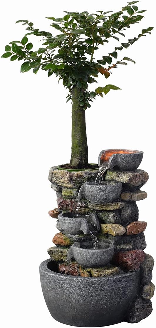 Indoor Fountain 4-Bowl Rockery Soothing Sound Tabletop Fountains Home/Office Decor Gift for Mom,Mother Day Present with A Small Plastic Pot to Grow Plant/Hebs by Yourself (Automatic Watering)