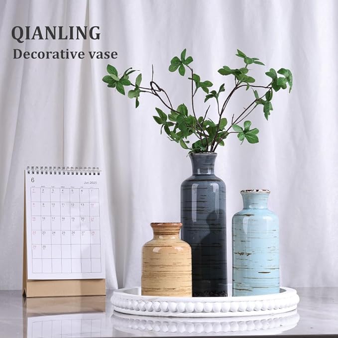 Ceramic Vase Set of 3, Small Flower Vases Home Decor, Modern Rustic Farmhouse Pottery Vases for Centerpieces, Living Room, Kitchen, Shelf, Bedroom, Bathroom, Fireplace, Table Shelf and Entryway Decor