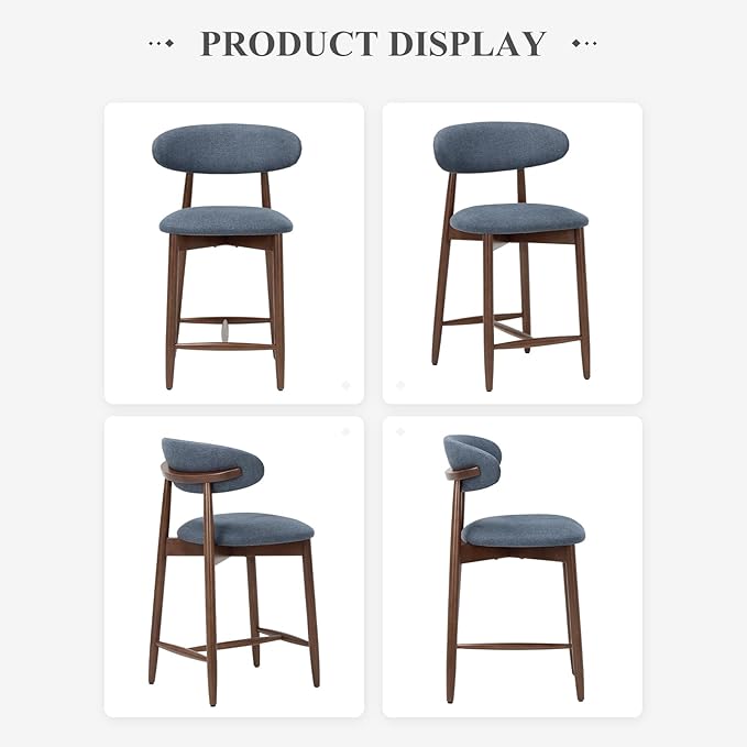 COLAMY Bar Stools Set of 6, Counter Height Bar Stools, Upholstered Counter Stools with Wood Legs for Kitchen Island Dining Room Bar, Blue