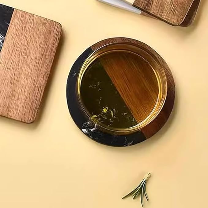 I-LAN Set of 4 Round Natural Wood and Marbel Drink Coasters for Coffee Wooden Table, Drink Bar Coaster Set/Tea Table Coasters for Living Room,Beer Cans,Bar Glasses,4 x 4 Inch