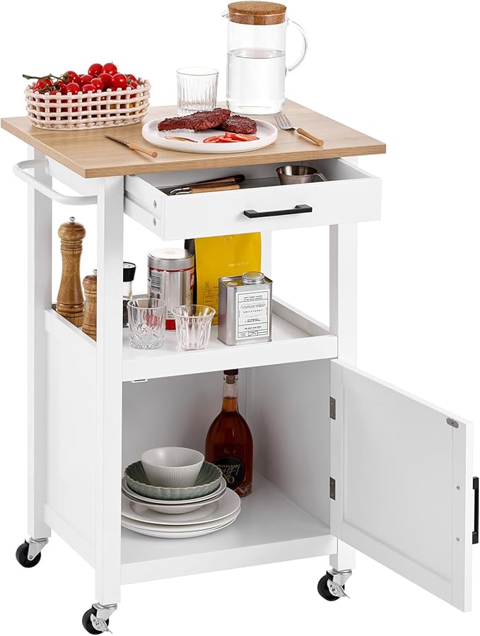 VEVOR Kitchen Island Cart with Single Door Cabinet, Mobile Carts with Drawer, Towel Rack, Hooks, Portable Table on Swivel Wheels, Small Coffee Islands Microwave Stand for Dining Room, 18x23 in, White