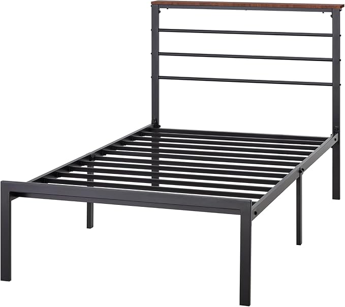 MUTICOR Heavy-Duty Twin Metal Platform Bed Frame with Shelf Headboard, No Box Spring Needed, Easy Assembly, Brown Shelf