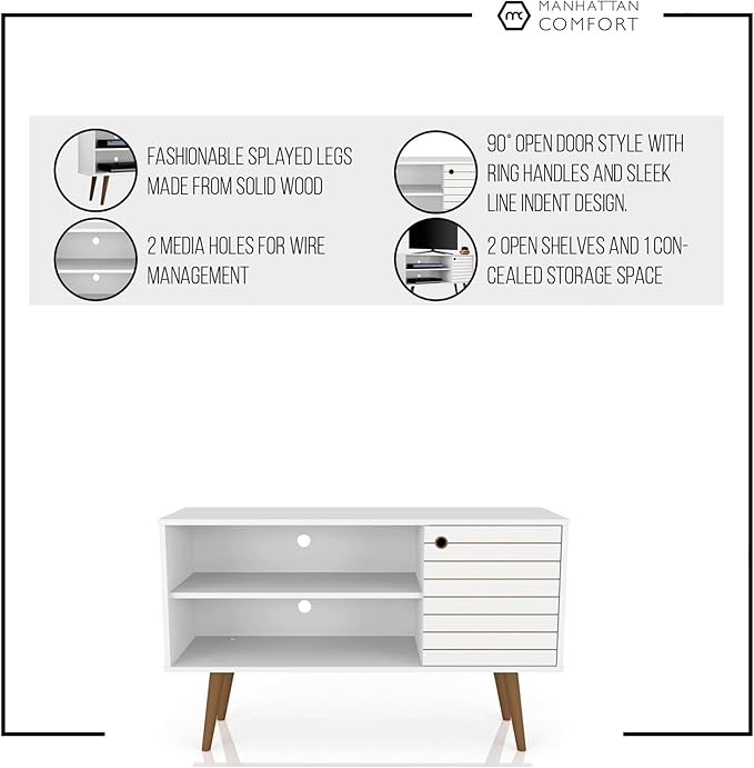 Manhattan Comfort Liberty Mid Century Modern TV Stand for Televisions up to 46 Inches, Bedroom and Living Room Entertainment Center with Storage, Shelves, and Cabinet, 43" Wide, White/Aqua Blue