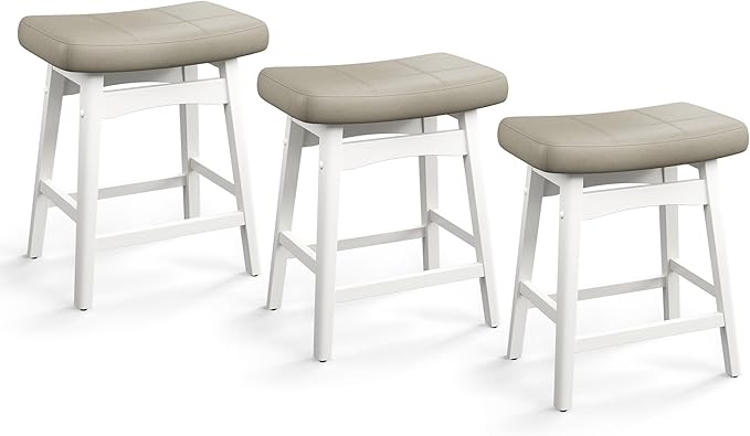 PHI VILLA Bar Stools Set of 3,Solid Wood Legs Counter Height Barstools with Upholstered Saddle Seat, 24 inch Kitchen Counter Island Stools