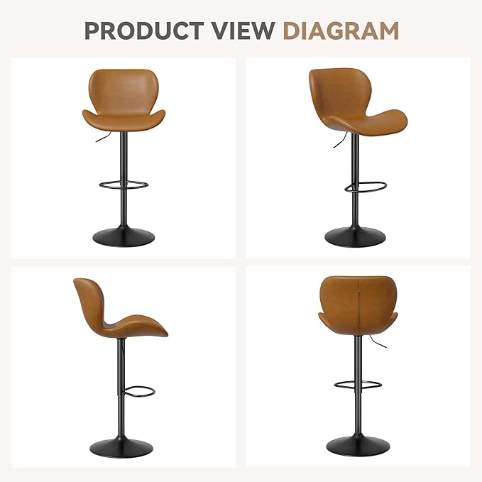 Nalupatio Swivel Bar Stools Set of 2,PU Leather Upholstered Barstools with Back & Footrest, Seat Adjustable Height 22.2-31IN Counter Height Bar Chairs for Bar Kitchen Island,Whiskey Brown
