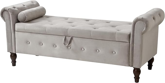 Modern Upholstered Storage Ottoman Bench, Velvet 63-inch Storage Bench with Rolled Arms for Bedroom End of Bed, Button-Tufted Ottoman with Storage for Living Room, Entryway, Gray