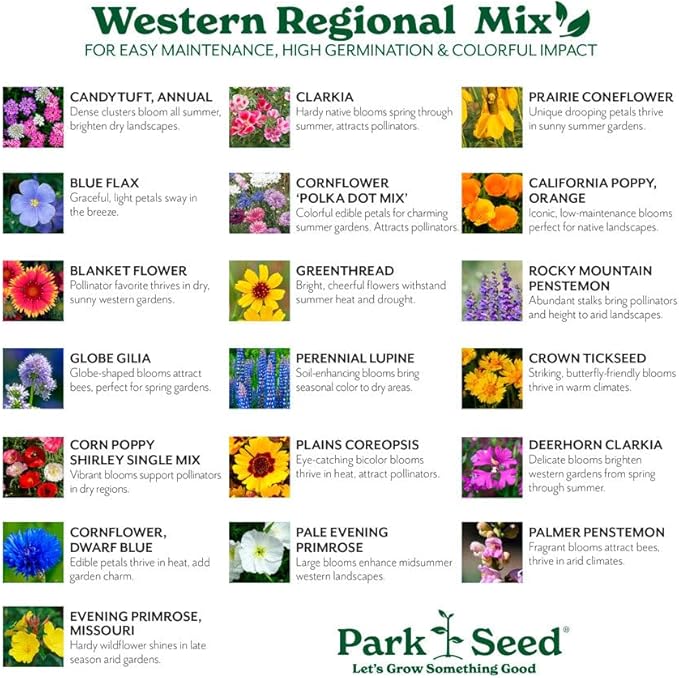 Park Seed Grow Your Own Vibrant Annual and Perennial Wildflower Garden Seeds Mixture, Easy to Grow Varieties for Pollinators and Spring Gardens - Western Regional Mix, 1/4 lb