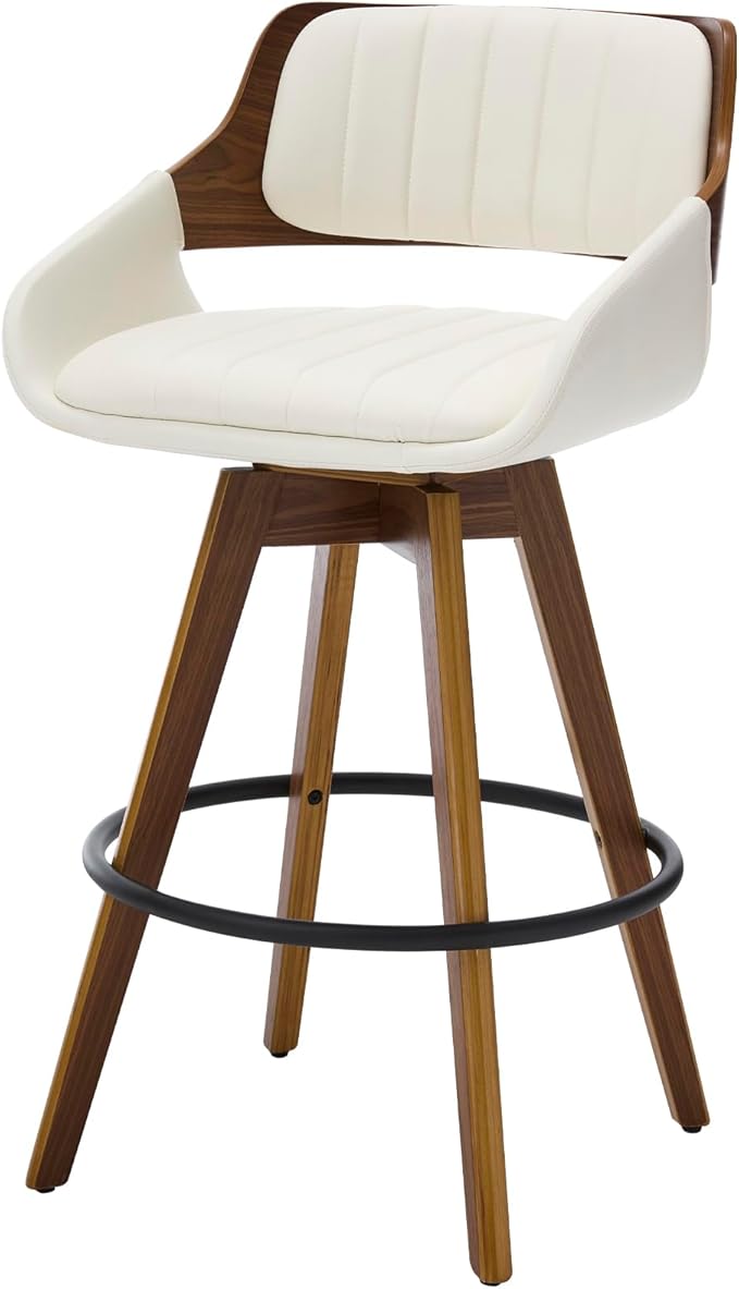 Swivel Bar Stools Set of 2, Walnut Counter Height Bar Stools with Back and Arms, 26" Modern Faux Leather Upholstered Bar Chairs for Kitchen Island Bar-Beige