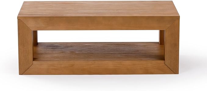 Plank+Beam 40" Modern Rectangular Coffee Table with Shelf, Solid Wood Center Table with Storage, 2 Tier Tea Table for Living Room, Pecan Wirebrush