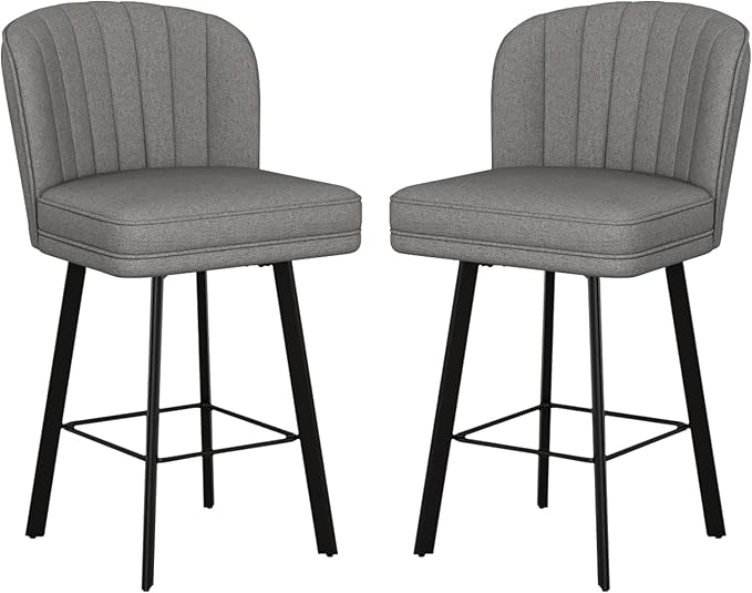 Swivel Counter Height Bar Stools Set of 2, 26'' Modern Barstools with Backs and Metal Legs, Upholstered Bar Chairs,Mid-Gray,Fabric Stools for Kitchen Island Chairs