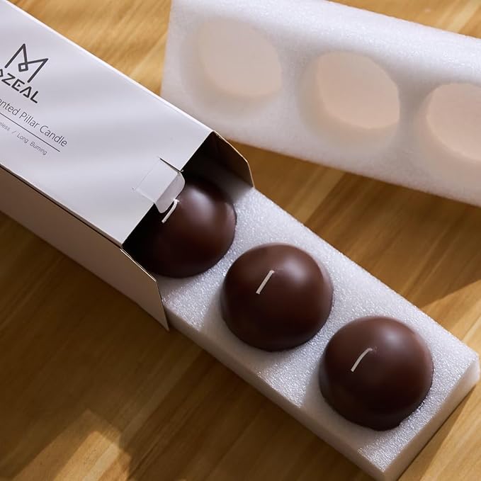 MOZEAL Hand-Poured, 3 Inch Brown Round Ball Candles - Elegant Brown Round Pillar Candles Set of 3, Dripless, Unscented, Smokeless, Ideal for Autumn Gatherings.