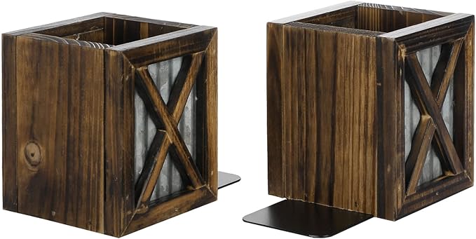 MyGift Rustic Burnt Wood Decorative Bookends with Corrugated Galvanized Metal Accent, Desktop Book Ends with Pen Holder Pencil Cup Stationery Storage Bins for Home Office, Classroom, Dorm Room, 1 Pair