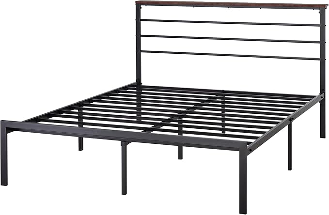MUTICOR Queen Size Metal Platform Bed Frame with Shelf Headboard, No Box Spring Needed, Easy Assembly, Brown Shelf