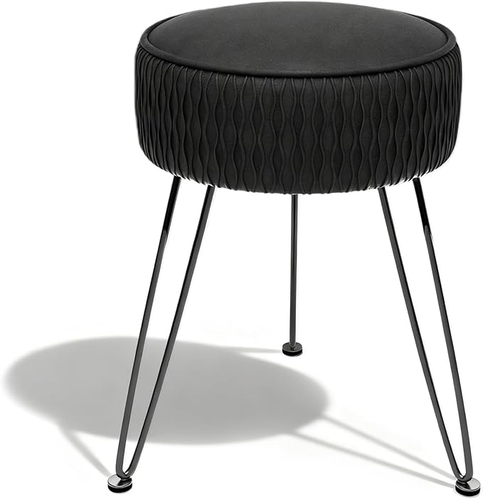 Velvet Vanity Stool Footrests, Round Ottoman Vanity Chairs with Anti-Slip Feet, Dressing Table Seat Foot Stool with Black Legs, Furry Padded Seat Side Table for Makeup Bedroom, Black