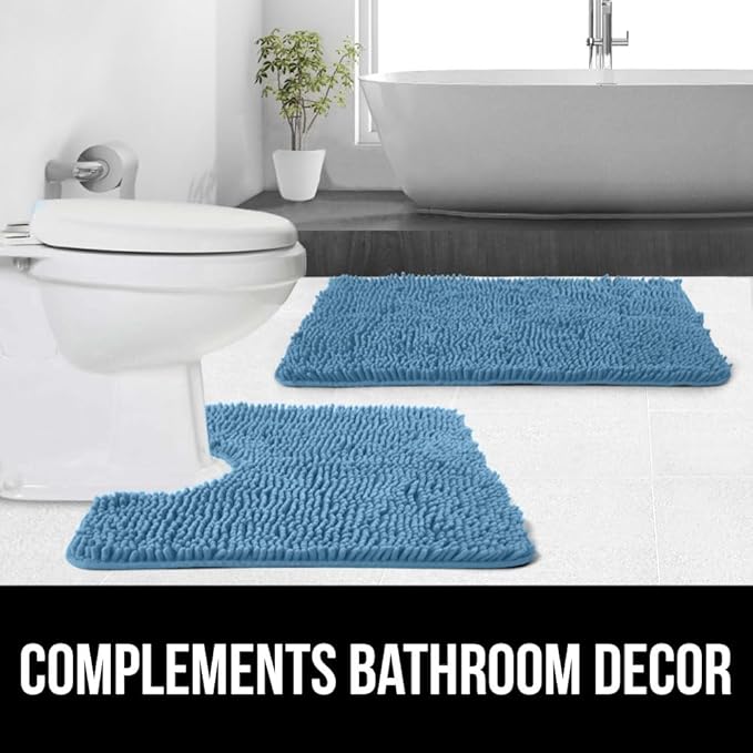 GORILLA GRIP Plush Absorbent Shaggy Chenille Bath Rug Mat for Square Toilet Base with Rubber Backing, Machine Washable Rugs, Soft Microfiber Contour Mats for Toilets, Bathroom Decor, Blue