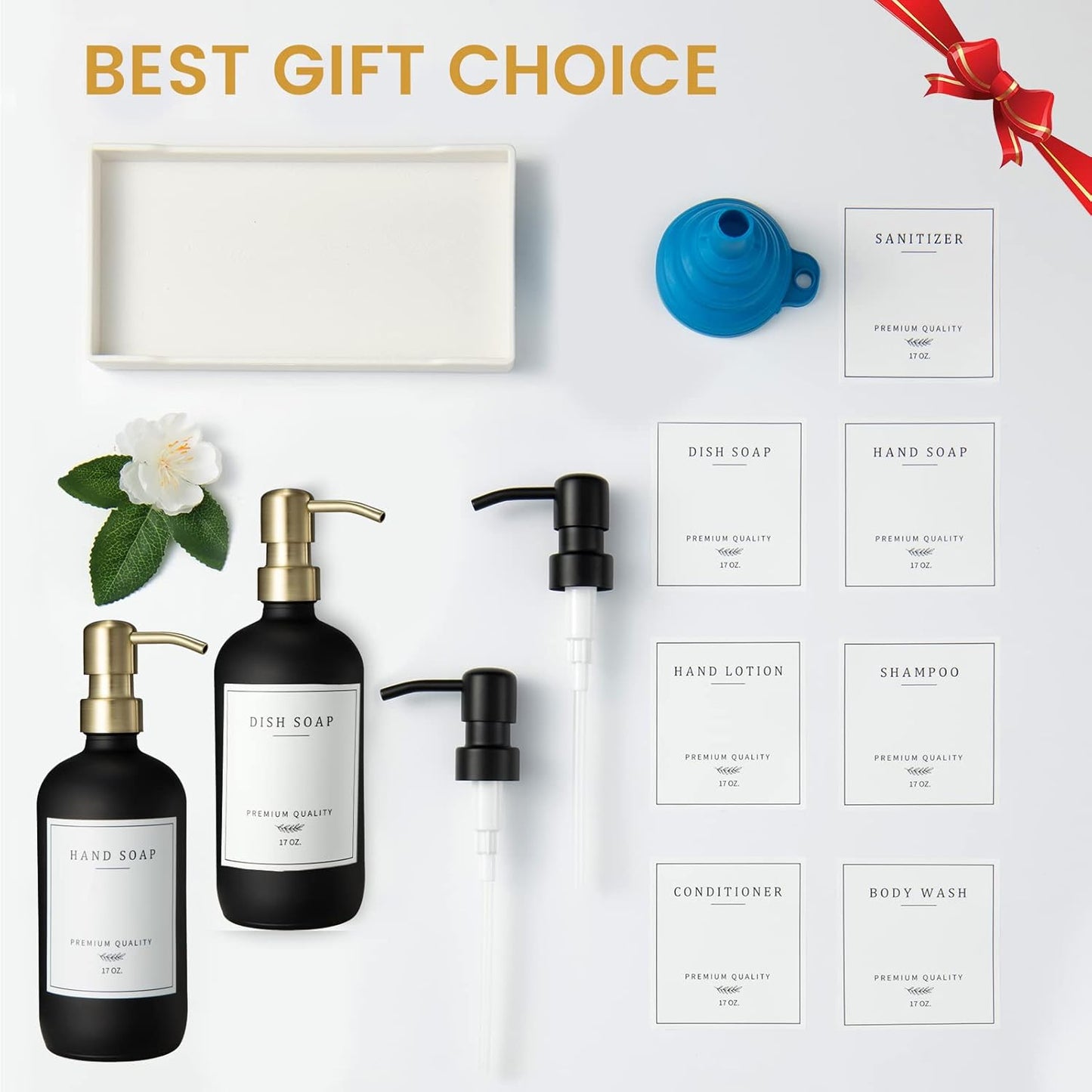 Glass Soap Dispenser for Kitchen Sink,Farmhouse Kitchen Dish Soap Dispenser&Hand Soap Dispenser Set,Rustproof Pump Soap Dispenser Bathroom with Tray,Waterproof Label for Kitchen Decor(Black