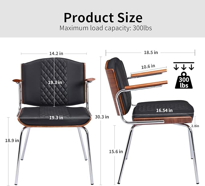 Modern Dining Chairs Set of 2 – Walnut Wood Frame with PU Leather Seat, Silver Metal Legs – Mid-Century Kitchen Chairs for Dining Room, Kitchen, Black