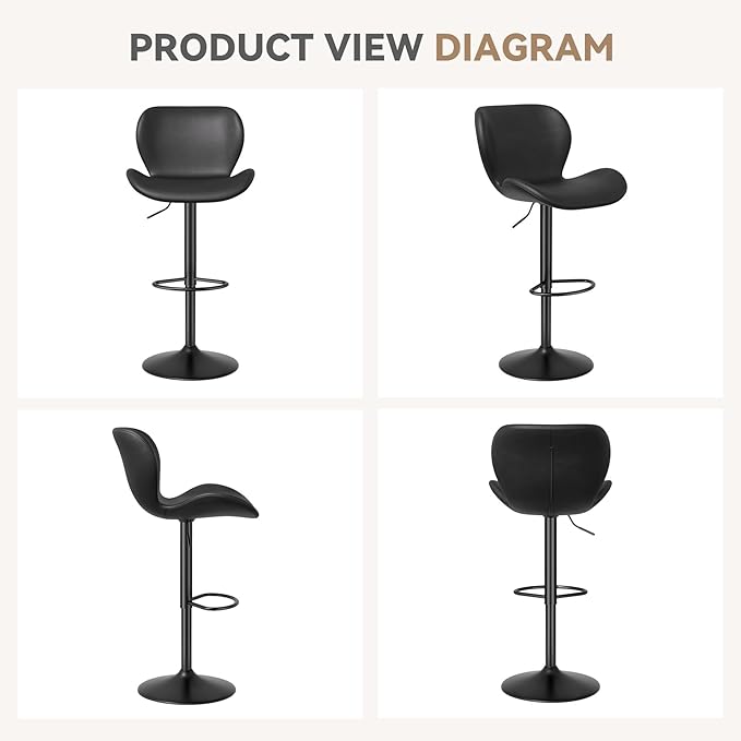 Nalupatio Swivel Bar Stools Set of 2,PU Leather Upholstered Barstools with Back & Footrest, Seat Adjustable Height 22.2-31IN Counter Height Bar Chairs for Bar Kitchen Island,Black