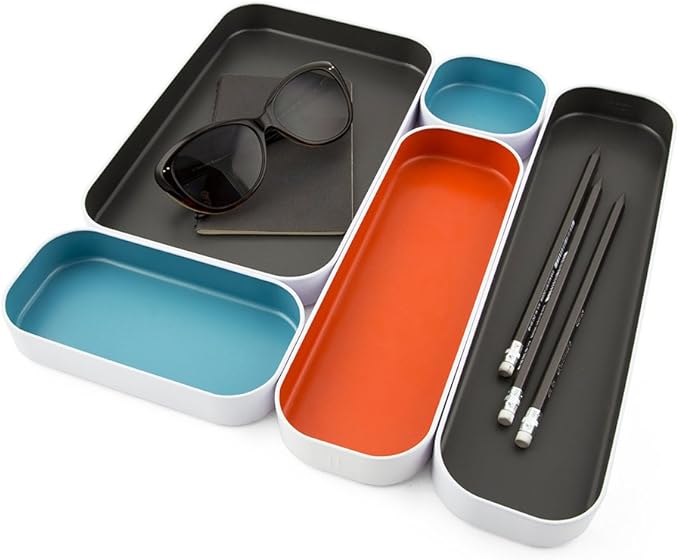 Three by Three Seattle 5 Piece Metal Organizer Tray Set for Storing Makeup, Stationery, Utensils, and More in Office Desk, Kitchen and Bathroom Drawers (1 Inch, Gray, Sky Blue, Orange)