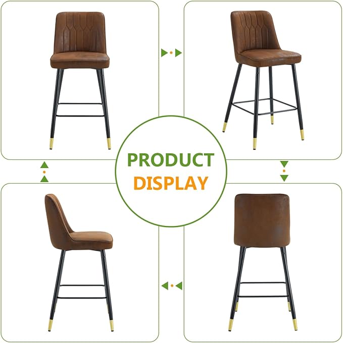 Brown Bar Stools Set of 2,27" Counter Height Bar Stools Set of 2,Faux Leather Counter Stools with Soft Padded Seat & Curved Backrest,Modern Kitchen Island Chairs for Dining Café