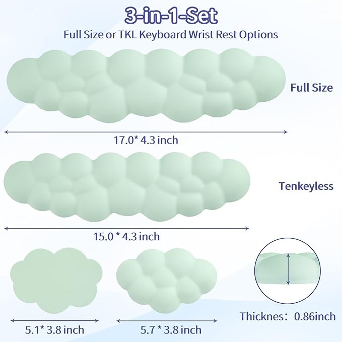 Cloud Wrist Rest Keyboard, Cloud Keyboard Wrist Pad Set with PU Leather Memory Foam, Cute Arm Rest for Palm Support, PC/Gaming Desk Accessories/Office Setup/Computer Hand Cushion - Light Green