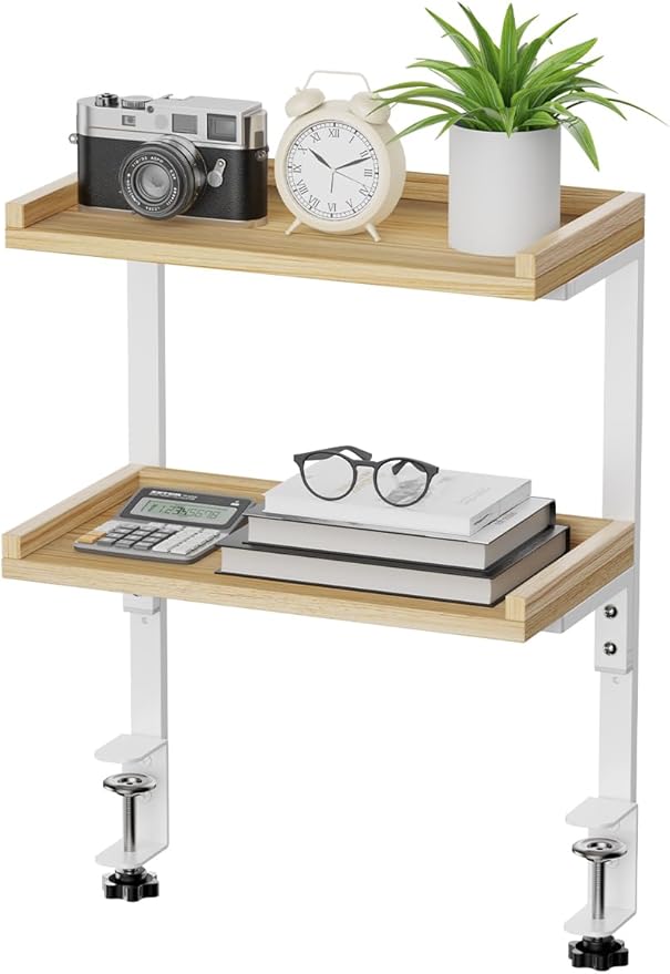 Clamp On Desk Shelf 2-Tier, 12.5 inch Wood Shelving Unit for Office Desk/Gaming Accessories, Tabletop Book Storage Rack, Shelf for Top & Under of Desk, Natural