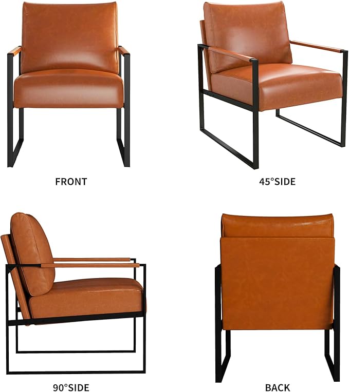 Phoenix Home PU Leather Accent Chair Set of 2, Leisure Metal Framed Armchair with Extra Soft Padded and Cushion, 105 Degree Slant Back, Modern Reading Arm Chair for Living Room/Office/Bedroom, Brown