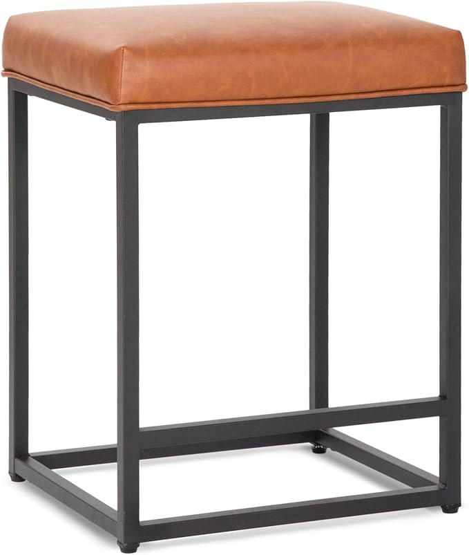 PHI VILLA Brown Leather Bar Stools Set of 4, Counter Height Barstools Kitchen Chairs, 24 inch Counter Stools