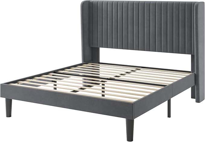 SHA CERLIN Full Size Velvet Bed Frame with Vertical Channel Tufted Wingback Headboard, Upholstered Platform Bed with Wood Slats, No Box Spring Needed, Easy Assembly, Grey