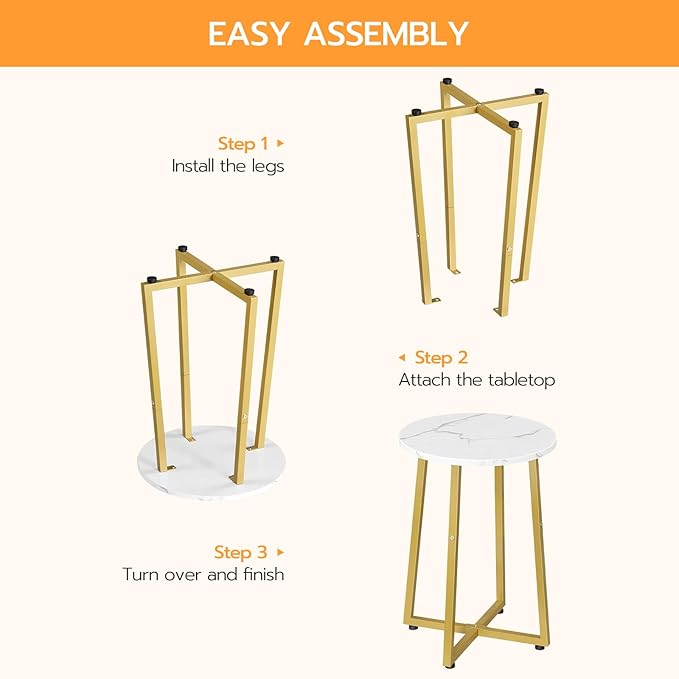 HOOBRO Side Table, Round Accent End Table with Sturdy Metal Pedestal, 15.7" Round Nightstand, for Living Room, Bedroom, Balcony, Office, Marble and Gold DM95BZ01