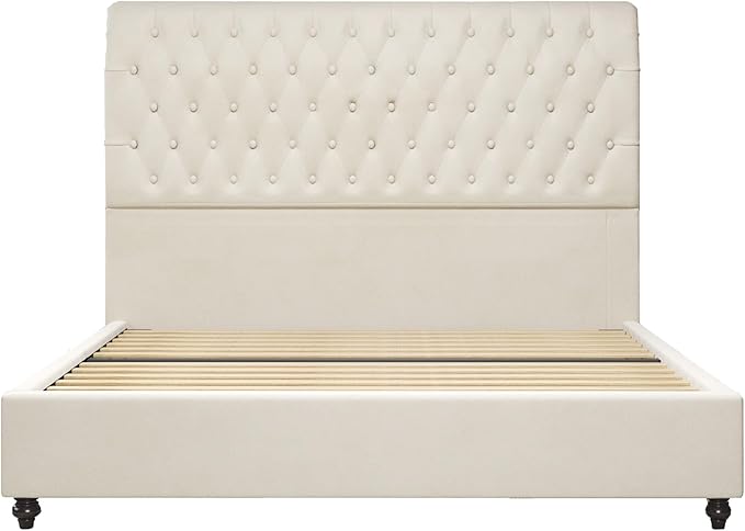 Jocisland King Bed Frame with Headboard, Velvet Sleigh Bed with Button Tufted 52.8" Tall Upholstered Headboard, No Box Spring Needed, Easy Assembly, Cream