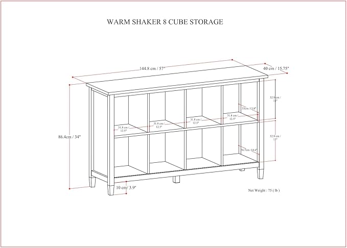 SIMPLIHOME Warm Shaker Console Table - 57 Inch Wide Solid Wood Sofa Table in Light Golden Brown, Transitional Bookcase for Entryway or Living Room with 8 Open Storage Cubbies and Square Tapered Legs