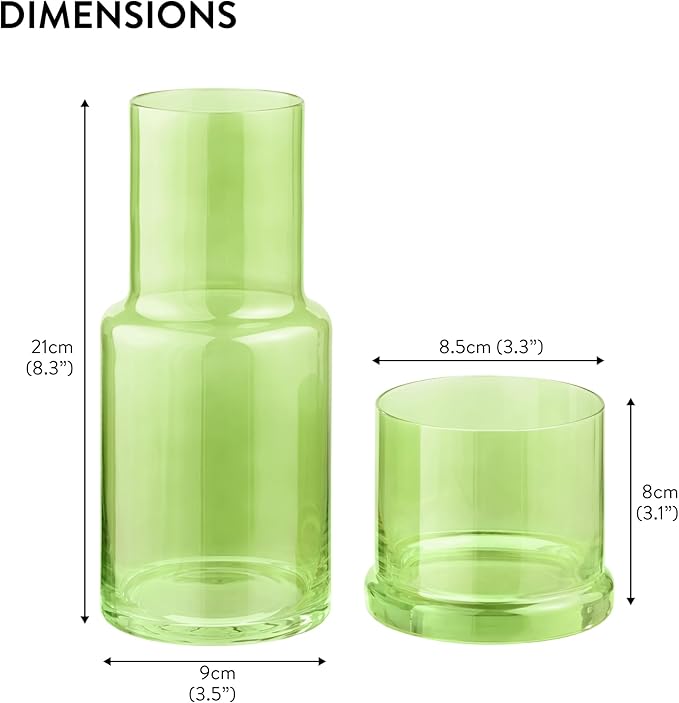 Elixir Glassware Bedside Water Carafe and Glass Set with Integrated Cup - Water or Mouthwash Dispenser for Nighstand or Bathroom - Handblown Glass Pitcher with Tumbler - Green