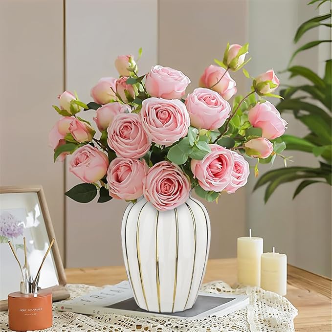 White & Gold Ceramic Flower Vase - 7.8" Modern Vertical Stripe Pottery Wave Vase | Ribbed Textured Flower Vase for Home Decor Bedroom Office Living Room Bathroom Table Centerpiece