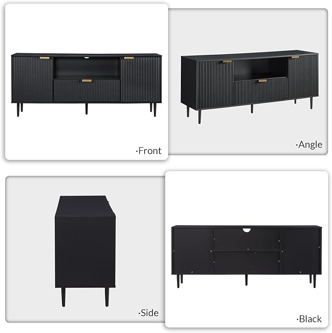 Okvnbjk Black TV Stand for 65 Inch TV, TV Consoles for Living Room, TV Stand for Bedroom w/Drawer and Storage, Wood Fluted Panel Media Console, Entertainment Center w/Soft Hinge & Cable Management