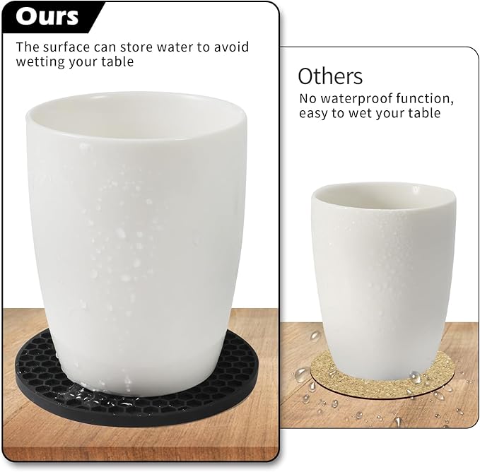 Silicone Coaster Set of 16 with Holder - Anti-Slip, Non-Stick, Anti-Overflow Tabletop Protection and Decor (Black, 16 Pcs)