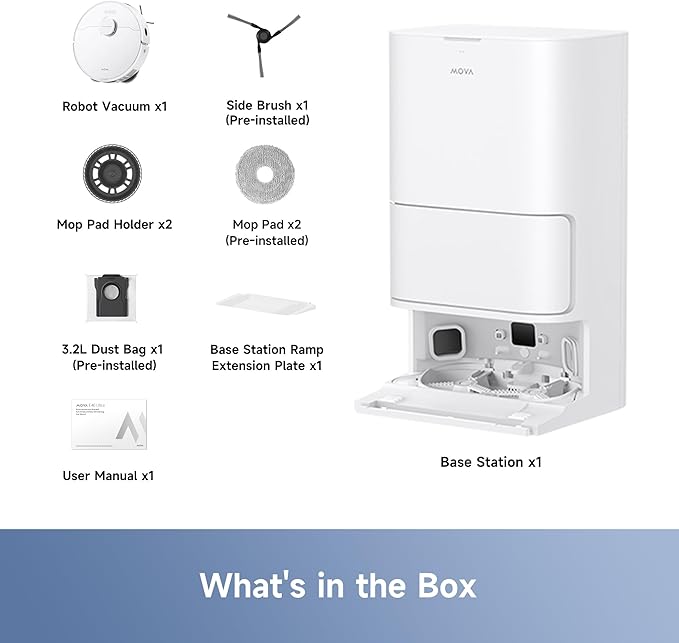 Mova E40 Ultra Robot Vacuum and Mop, 19,000Pa Suction, Extenable & Liftable Mop, All-in-One Station, Auto-Empty, Auto Washing & Hot Air Drying, 360°Obstacle Avoidance, App & Voice Control