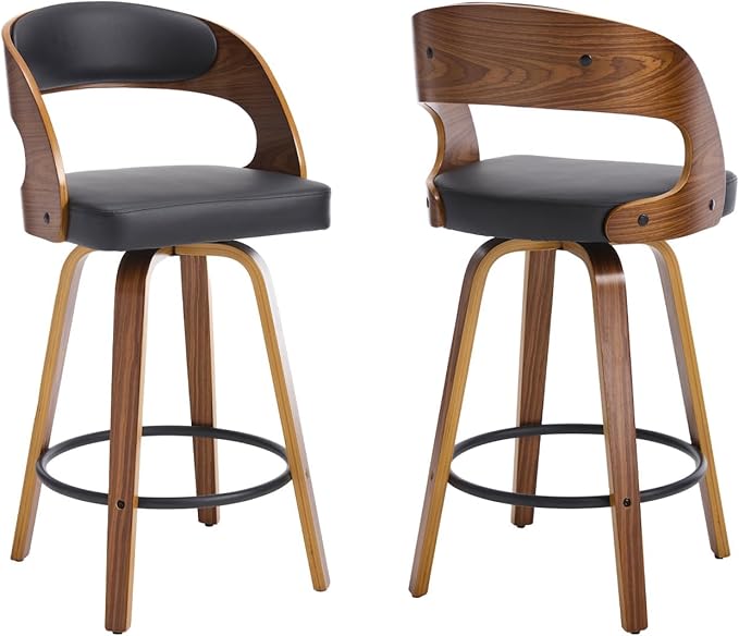 Swivel Bar Stools Set of 2, Walnut Counter Height Bar Stools with Back and Arms, 26" Modern Faux Leather Upholstered Bar Chairs with Bentwood Frame for Kitchen Island Bar - Black