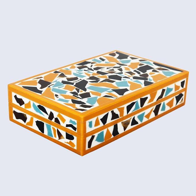 Handicrafts Home Handmade Mosaic Collection Decorative Jewelry Box Organizer – Keepsakes, Trinkets, and Home Decor – Antique Coffee Table Storage, Memory Box, Farmhouse Style Decor Gold, 8x5x2