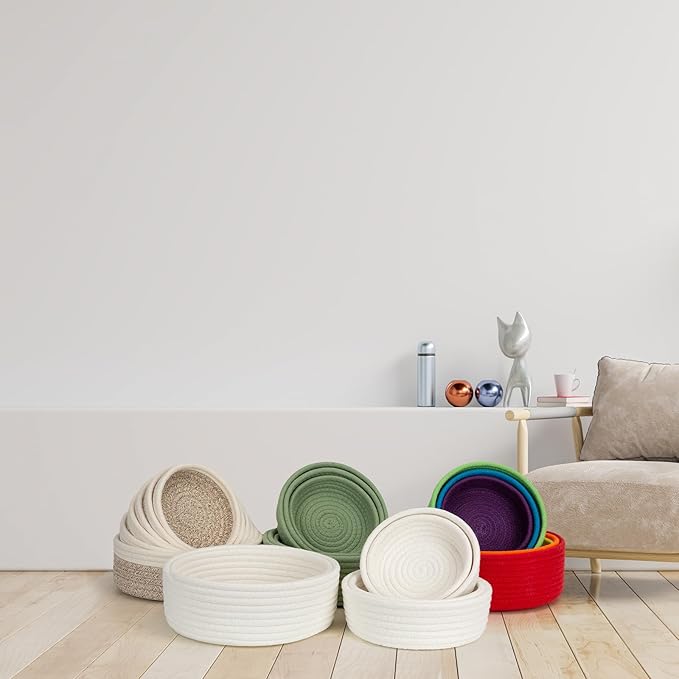 Small Shelf Storage Baskets for Organizing, 6 Pack Round Cotton Rope Bins, Decorative and Cute Woven Baskets for Bedroom and Closet, Key Tray Bowl, Home Decor Countertop Organizer (Green)