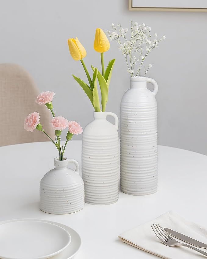 White Ceramic Vase Set of 3 with Handle – Ribbed and Dotted Jug Vases for Rustic Farmhouse Table Centerpiece, Shelf & Mantel Decor