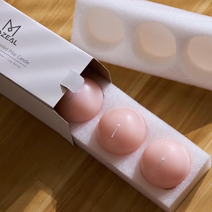 MOZEAL Hand-Poured, 3 Inch Pearl Blush Round Ball Candles - Elegant Pearl Blush Round Pillar Candles Set of 3, Dripless, Unscented, Smokeless, Ideal for Weddings and Elegant Celebrations.