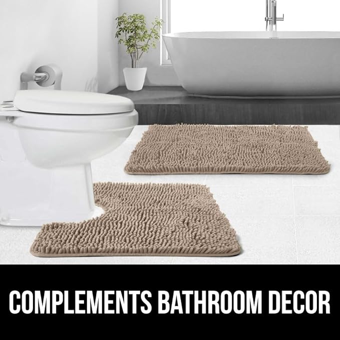 GORILLA GRIP Plush Absorbent Shaggy Chenille Bath Rug Mat for Square Toilet Base with Rubber Backing, Machine Washable Rugs, Soft Microfiber Contour Mats for Toilets, Bathroom Decor, Gray Beige