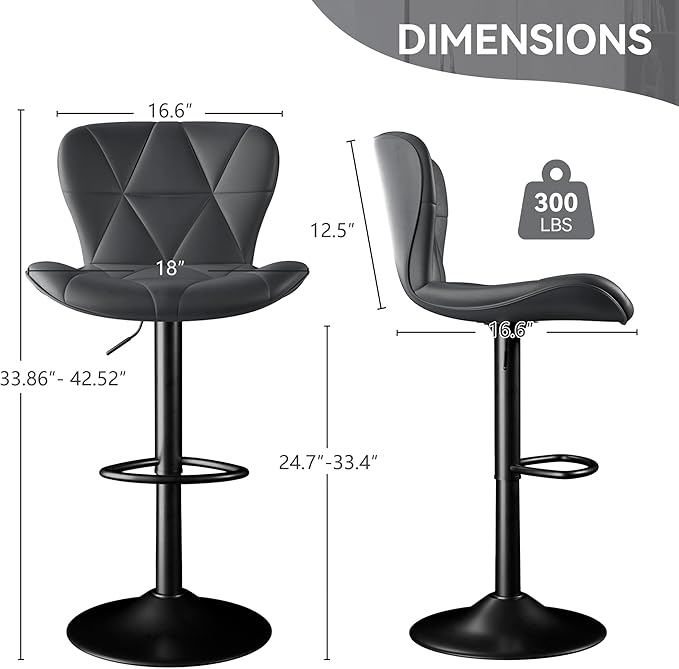 Bar Stools Set of 6,Adjustable Swivel Barstools, Faux Leather Bar Chairs,Upholstered Counter Height with High Backrest for Kitchen Island, Dark Grey