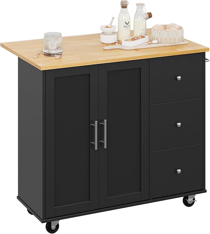 Shintenchi Rolling Kitchen Island Cart with Folding Drop Leaf Breakfast Bar, Portable Trolley Island with Large Storage Cabinet, Shelf and Drawer, Black