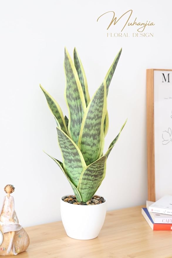 18.5" Artificial Snake Plant Potted,Fake Sansevieria Floor Plant Real Looking with White Planter for Centerpiece Home Decor (Yellow&Green)