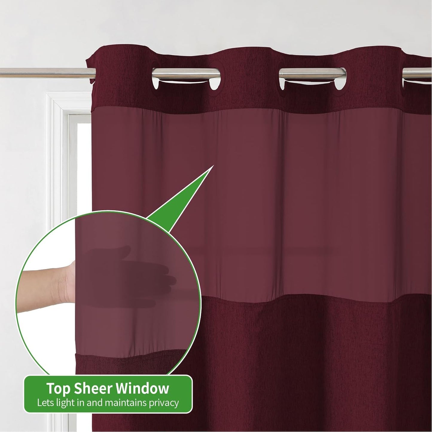 No Hooks Needed Linen Textured Shower Curtain with Snap-in Fabric Liner Set,Hotel Luxury Decor Shower Curtains for Bathroom with Mesh Top Window,Waterproof & Washable,71Wx74H,Burgundy