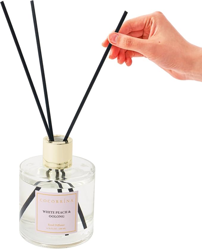 Cocorrína Flower Reed Diffuser - White Peach& Oolong 6.7oz Scented Diffuser with Sticks Home Fragrance Essential Oil for Bathroom Shelf Decor (Artificial Flower)